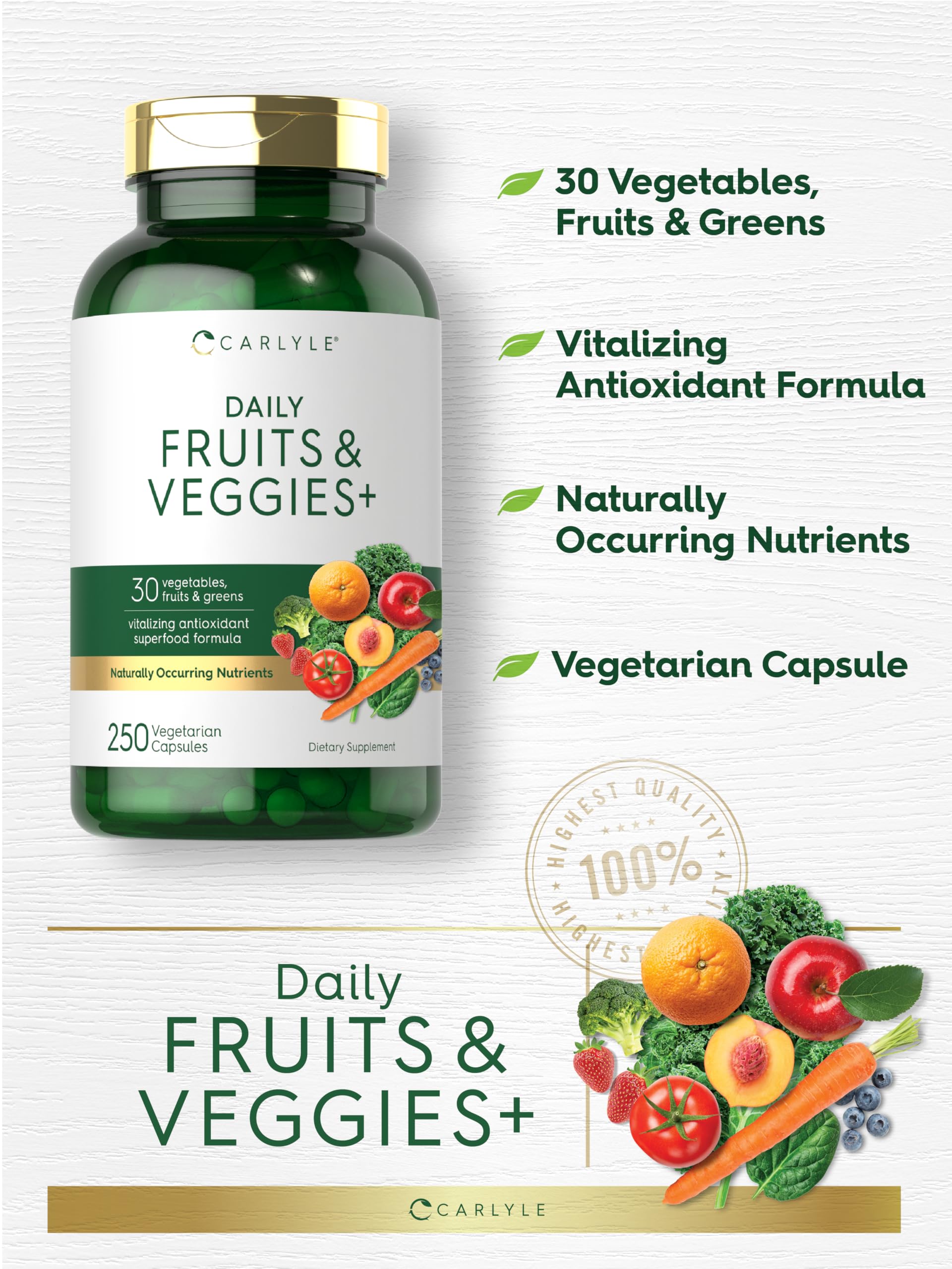 Carlyle Fruits and Veggies Supplement | 250 Capsules | Made with 30 Fruits and Vegetables | Vegetarian, Non-GMO, Gluten Free Superfood Formula